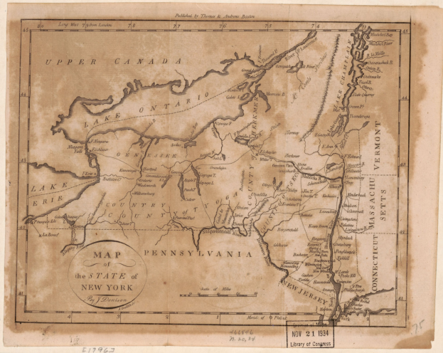 Detailed paper map of New York state with handwritten text labeling cities, towns, and geographical features.