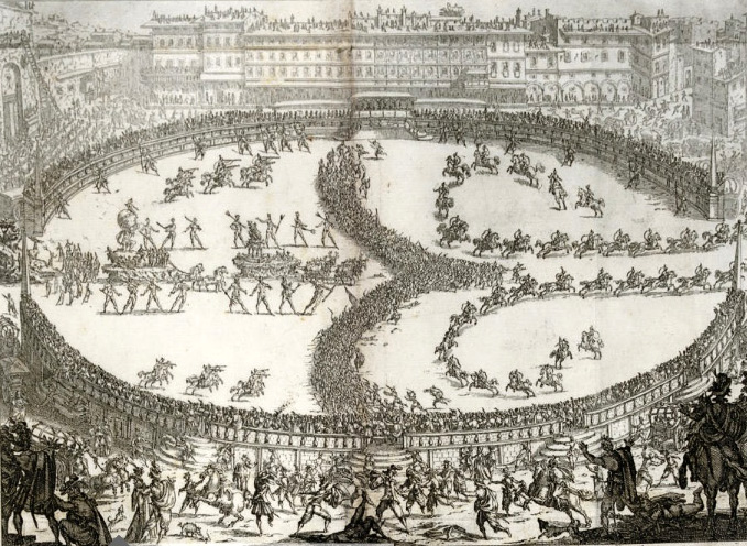 Eine Gravur, die die Schlacht von Waterloo zeigt, mit einer großen Menge in einer Arena in heftigem Kampf, einige mit Schwertern und Schilden, Zuschauer, und ein tiefblauer Himmel mit vereinzelten Wolken.