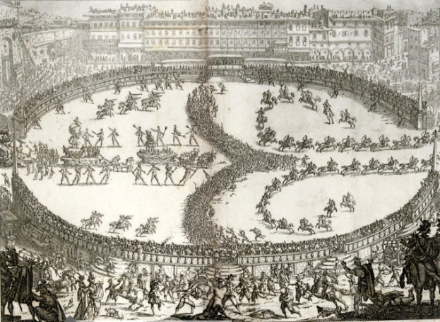 Eine Gravur, die die Schlacht von Waterloo zeigt, mit einer großen Menge in einer Arena in heftigem Kampf, einige mit Schwertern und Schilden, Zuschauer, und ein tiefblauer Himmel mit vereinzelten Wolken.