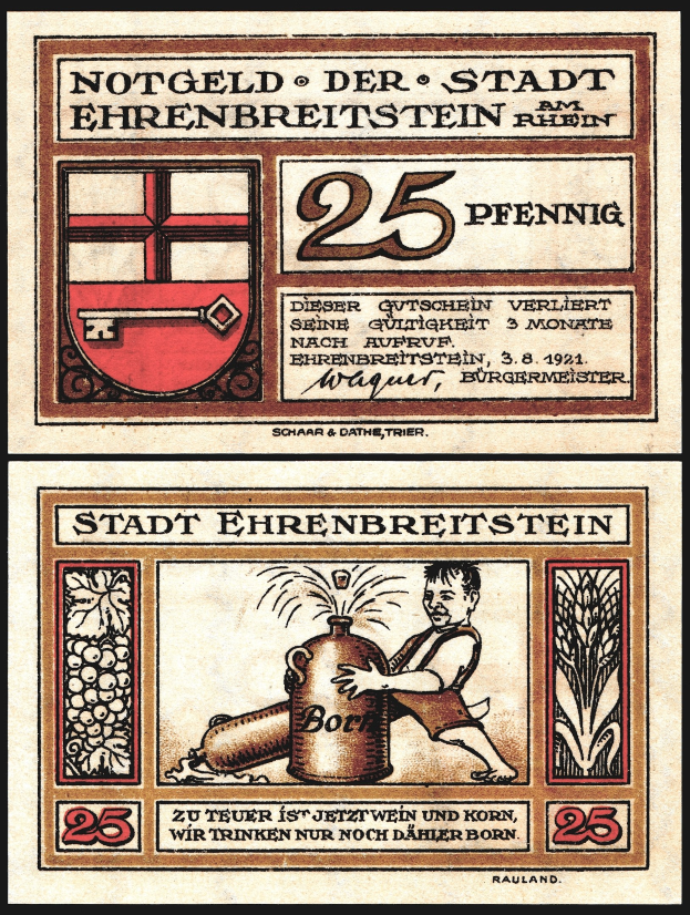Alte deutsche Banknote mit einem Mann in weißem Hemd und blauem Hut, der eine Bierflasche hält, mit der Aufschrift "Bier" und einem gekrönten Wappen-Logo.