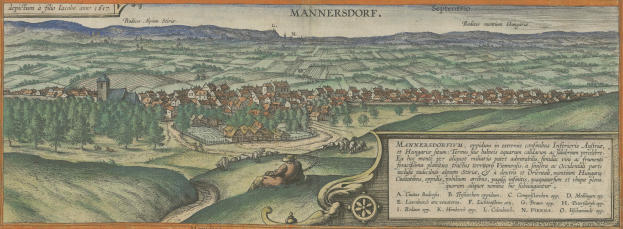 Old map of Mannersdorf, Germany, depicting lush green trees, scattered houses, rolling hills, and people walking, with decorative text.