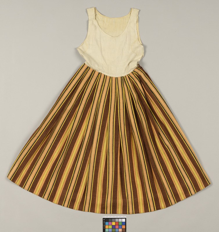 A brown and yellow striped dress with a full, voluminous skirt on a white background.