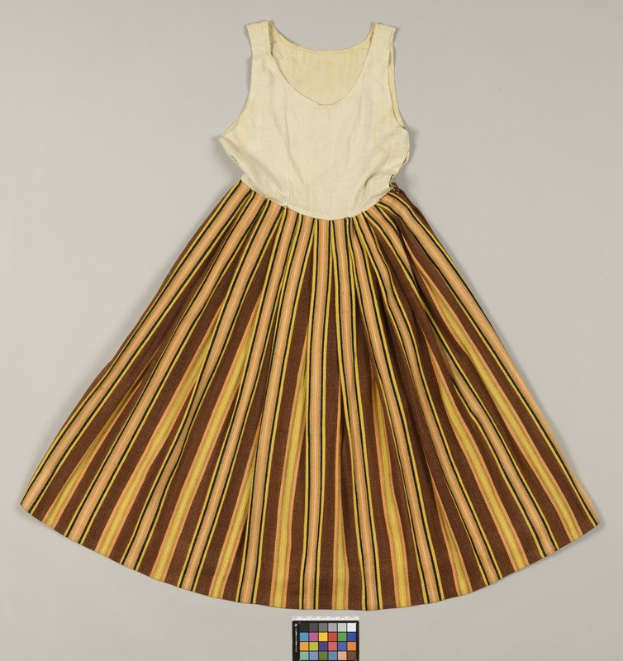 A brown and yellow striped dress with a full, voluminous skirt on a white background.