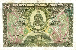 Alte Fünf-Dollar-Banknote der Niederländischen Handelsgesellschaft mit Porträt auf der Vorderseite und einfacher Rückseite mit Nennwert und Seriennummer.