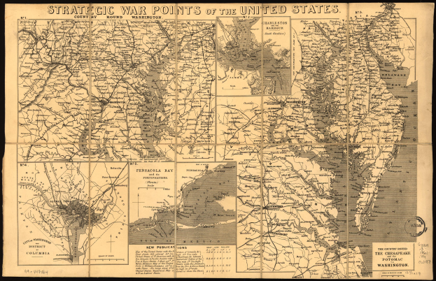 Schwarze und weiße Karte der Vereinigten Staaten mit markierten strategischen Kriegsstellen und begleitendem Text.