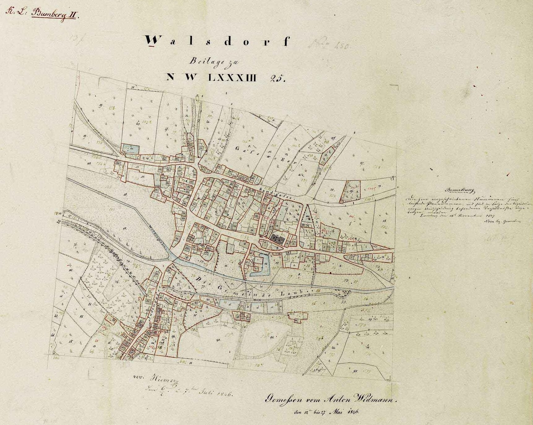 Detailed old map of Walsdorf, Germany, showing streets, buildings, and landmarks with accompanying text.