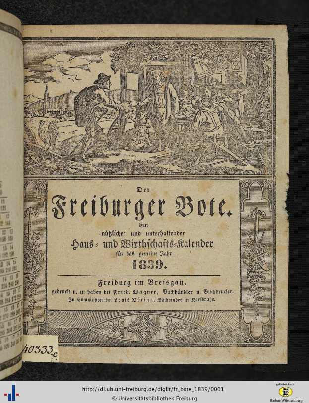 Open book titled "Freiburger Bote" dated 1839, featuring a drawing of several people and text.