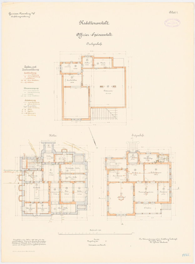 Black-and-white architectural floor plan of a building with numerous labeled rooms, including the office of the Przeczanskalz, with handwritten annotations detailing the layout.