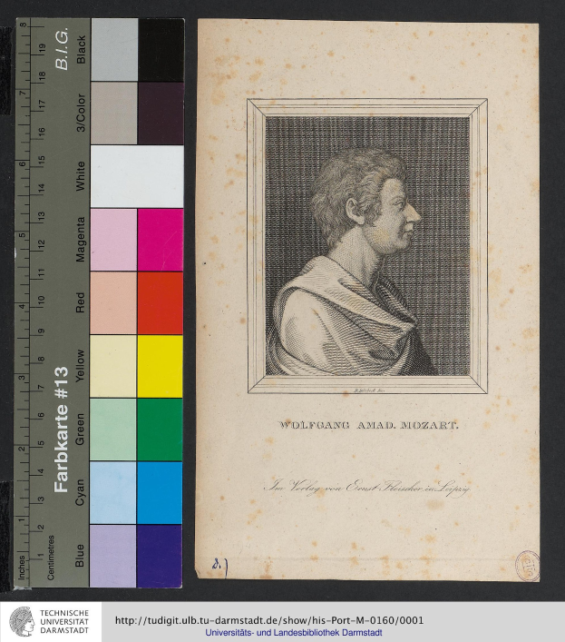 Porträt von Wolfgang Amadeus Mozart mit nachdenklichem Gesichtsausdruck, kurzem dunklen Haar und direktem Blick, begleitet von einer Skala links und Text unten.