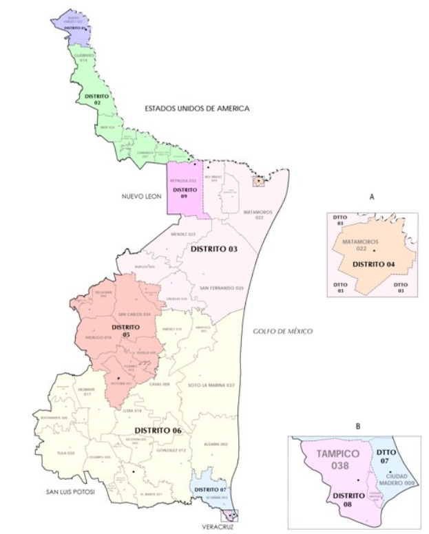 Politische Karte Mexikos mit Provinzen, Hauptstädten und farbcodierten Bezirken auf einem weißen Hintergrund.
