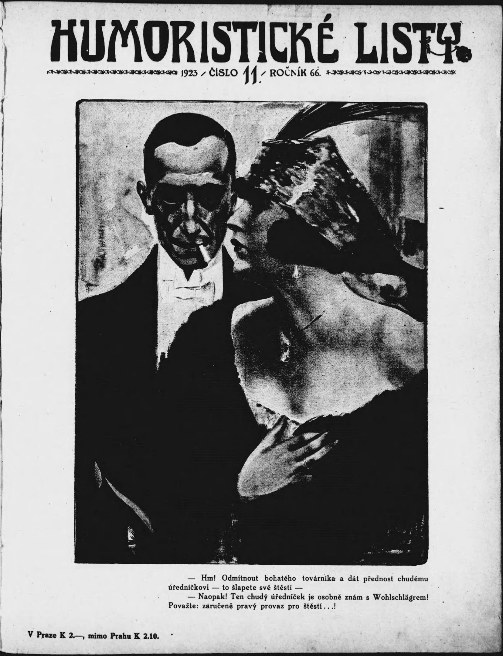 Black and white magazine cover titled "Humoristic List" featuring a man in a suit with a serious expression and a woman looking away with a slight smirk.