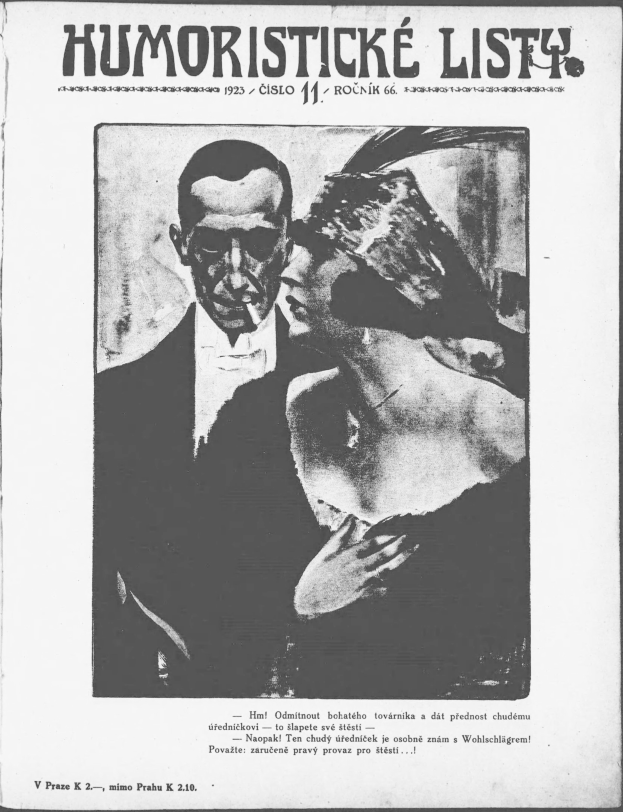 Black and white magazine cover titled "Humoristic List" featuring a man in a suit with a serious expression and a woman looking away with a slight smirk.
