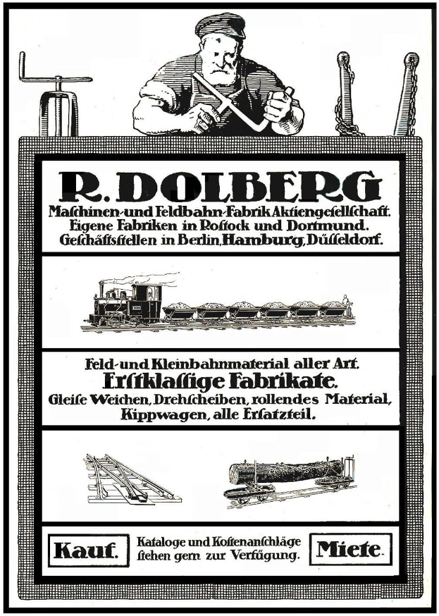 Advertisement poster for R.D. Dolberg's factory in Hamburg, Germany, displaying text and images including a person, a train, and other objects.