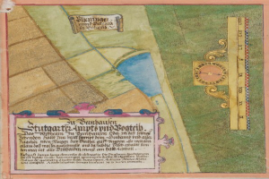 Illuminated manuscript page featuring a detailed map of Stuttgart, Germany, with streets, buildings, and landmarks, accompanied by descriptive text.