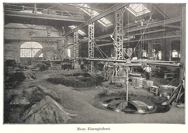 Ein altes Schwarz-Weiß-Foto einer Fabrik mit Arbeitern, die an einer Maschine arbeiten, umgeben von Metallstangen und -pfählen, mit dem Text "Neue Eisengießerei, die erste Fabrik in Deutschland" unten.
