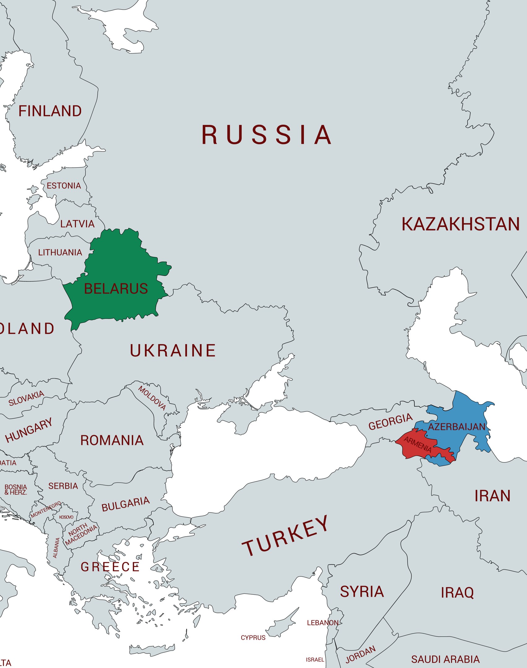 Eine Karte von Europa, die die Provinzen Belarus und Aserbaidschan in verschiedenen Farben hervorhebt, mit zusätzlichen Textdetails.
