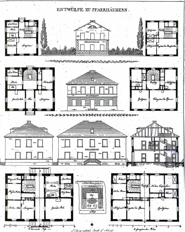 Schwarze und weiße architektonische Zeichnung eines Hauses mit zahlreichen Fenstern, umgeben von Bäumen, beschriftet mit "Pläne für ein Haus in Deutschland".