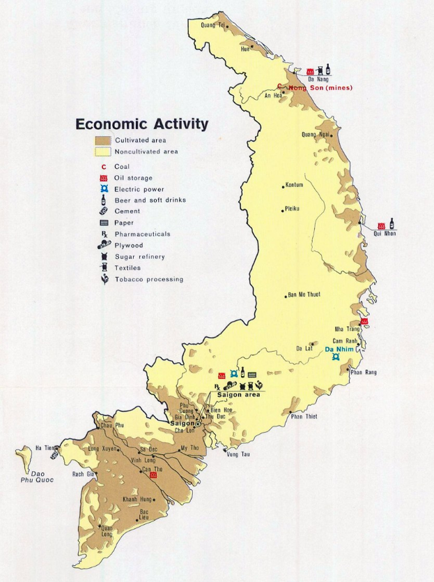 A poster of a Vietnam economic activity map with blue, green, and yellow symbols, titled "Economic Activity."