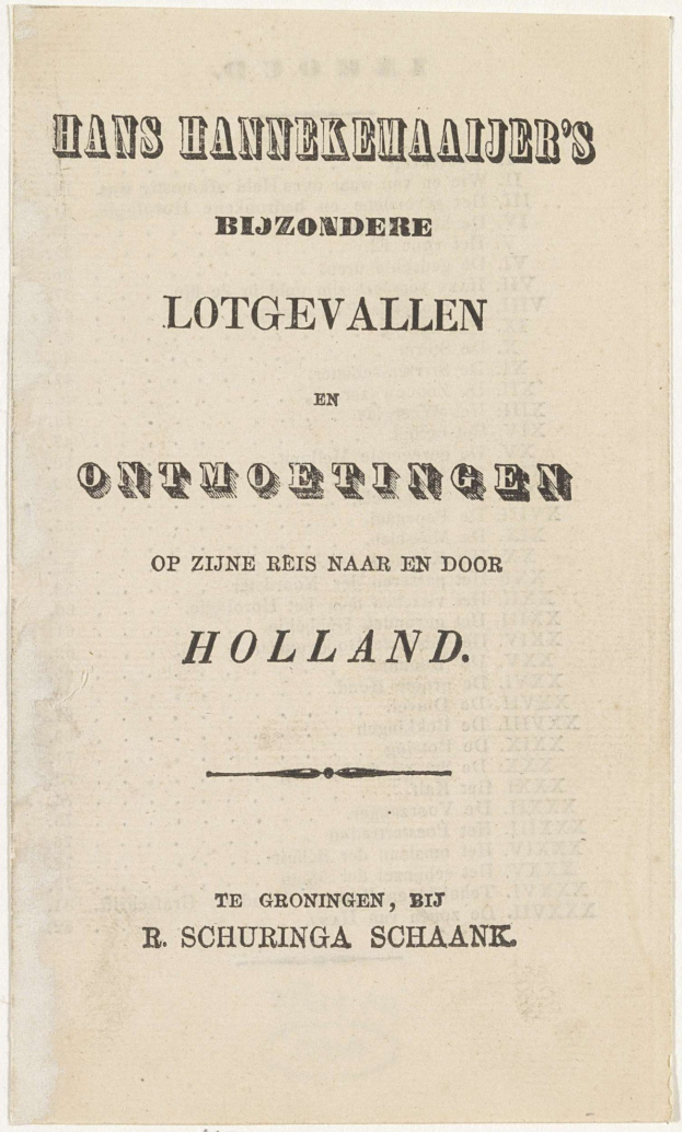 Old book cover featuring a black and white portrait of a man with the title "Hans Hannekemaajer's Bijzondere Lotgevallen en Ontmoettingen op zijn reis naar en door Holland" printed on the cover.