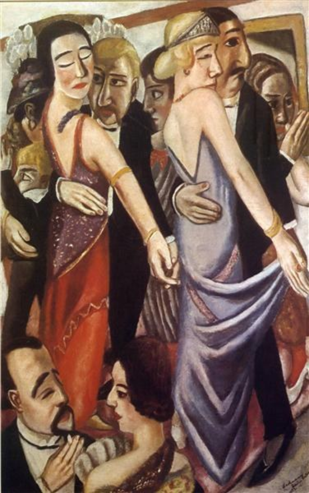 Painting titled "Dance at the Ballroom" by Henri Matisse depicting a lively group of people dancing in a ballroom with a photo frame on the wall.