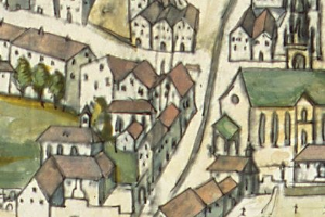 Painting of a 16th-century small town with a central church, surrounded by houses, trees, and people, depicting Leipzig.