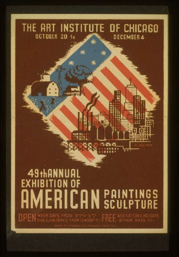 Plakat für die 49. Jahresausstellung amerikanischer Malerei und Skulptur des Art Institute of Chicago, mit Text und Bildern zum Ereignis.