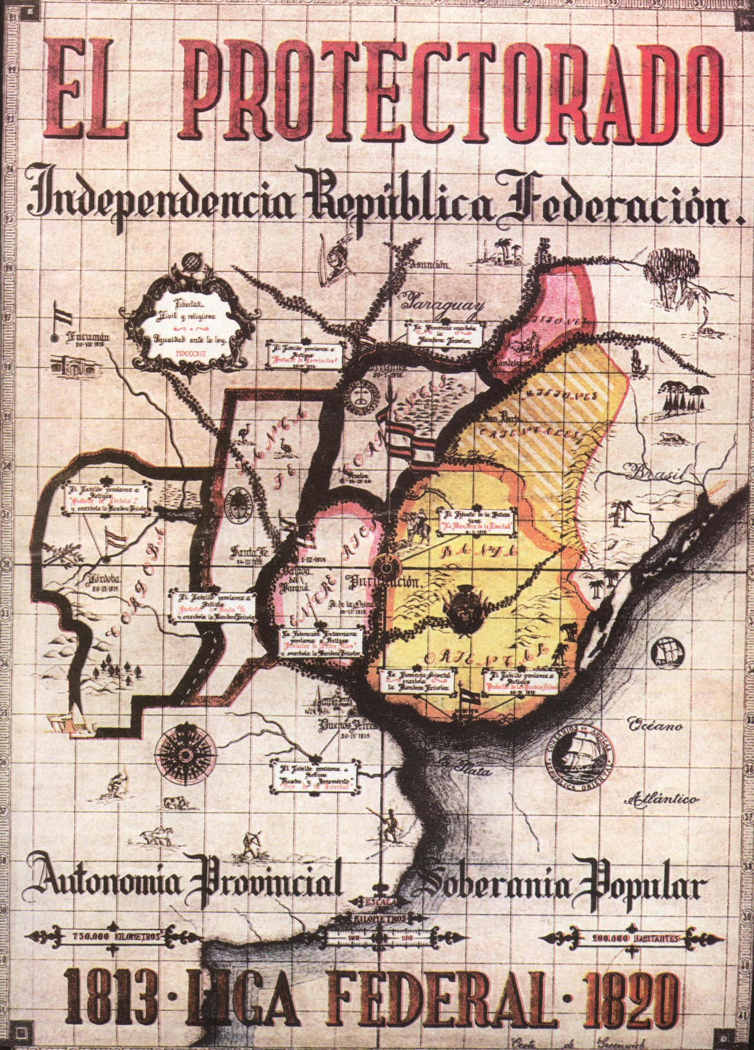 Detailkarte des El Protectorado, einer unabhängigen mexikanischen Republik, mit farbcodierten Regionen und beschrifteten Städten, Dörfern und geografischen Merkmalen.