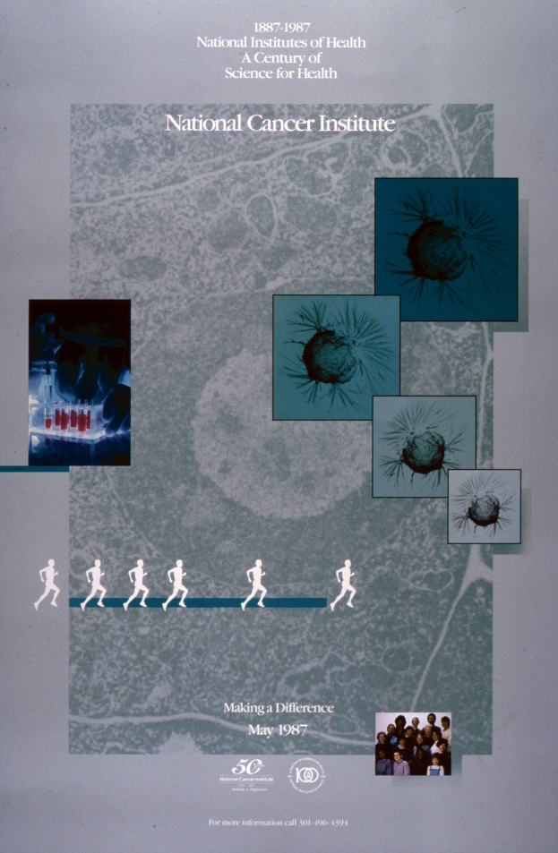 Ein buntes Poster mit einem blauen Hintergrund und weißer Schrift, die in fetter, Großbuchstaben 'National Cancer Institute' lautet, umgeben von einem Kreis aus lachenden Menschen verschiedenen Alters, Geschlechts und Ethnien.