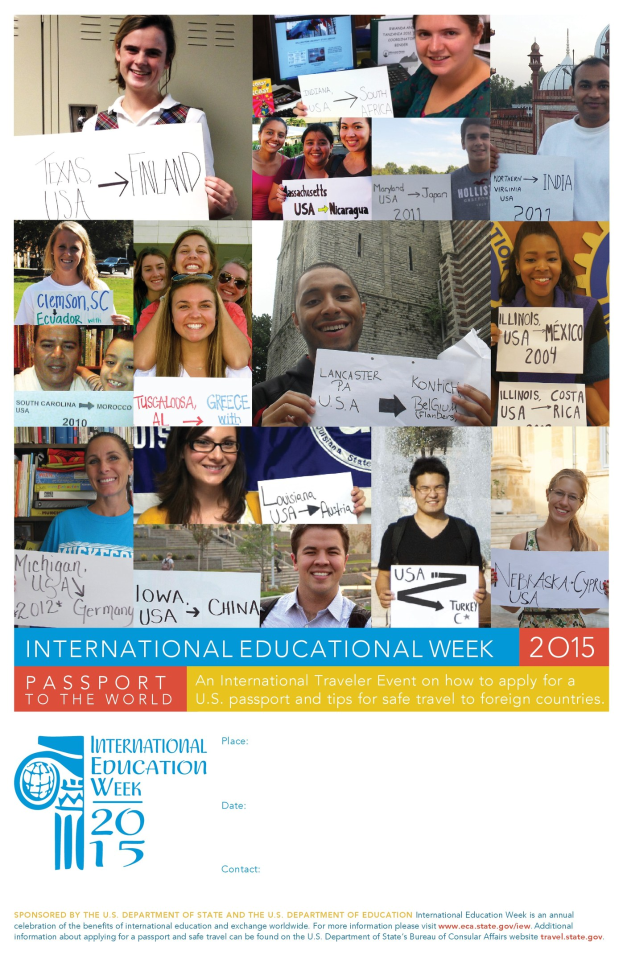 Plakat für die Internationale Bildungswoche 2015, das eine Gruppe von Menschen mit Schildern zeigt.