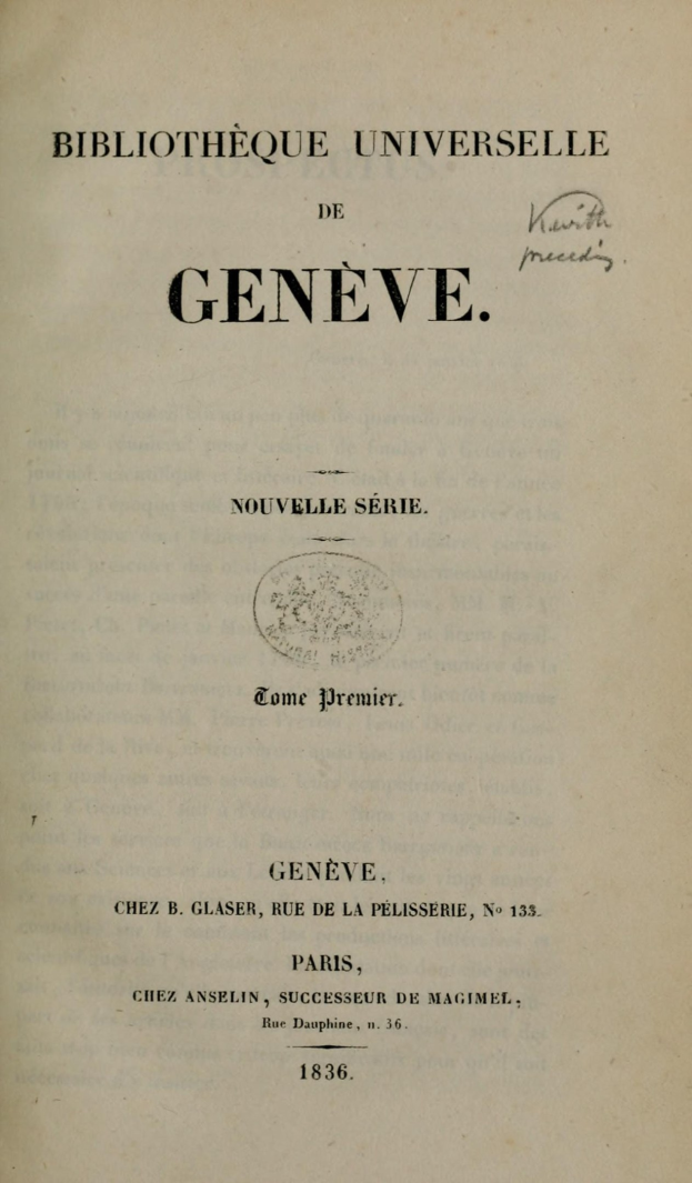 Altes Buch mit dem Titel "Bibliothèque Universelle de Genève" offen und zeigt Text.
