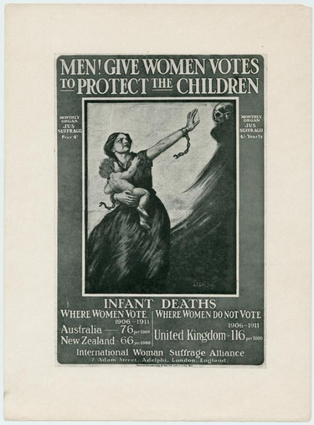 Schwarzes und weißes Plakat mit einer Frau in einem weißen Kleid, die ein Baby hält, mit dem Text "Männer geben Frauen Stimmen, um die Kinder zu schützen" darüber