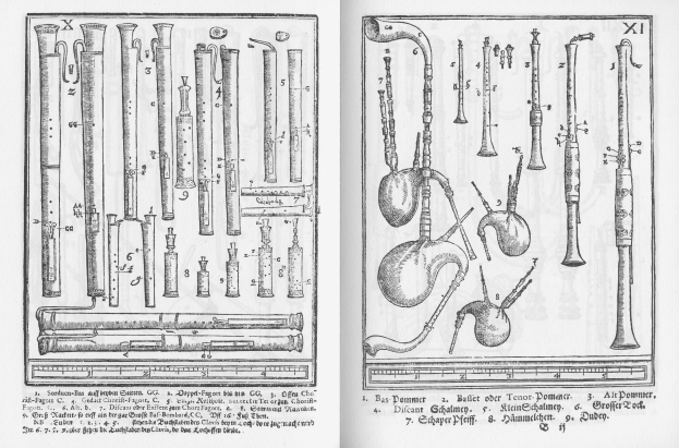 Ein aufgeschlagenes Buch mit schwarzen und weißen Zeichnungen verschiedener Musikinstrumente und Text auf seinen Seiten.