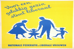 A yellow poster featuring a man, woman, and two children, with the text "Nationale Federatie der Liberale Vrouwen" at the top, likely promoting Dutch liberation.