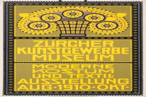 Ein Plakat für das Zücher Kunstgewerbe Museum in Berlin, Deutschland von 1910, mit einem gelben Hintergrund, einer Schwarz-Weiß-Illustration eines Museumsgebäudes, fetter schwarzer Schrift, die "Zurcher Kunsthwerbe Museum" liest, einem schwarzen Rand und dem Museumslogo in der linken oberen Ecke.