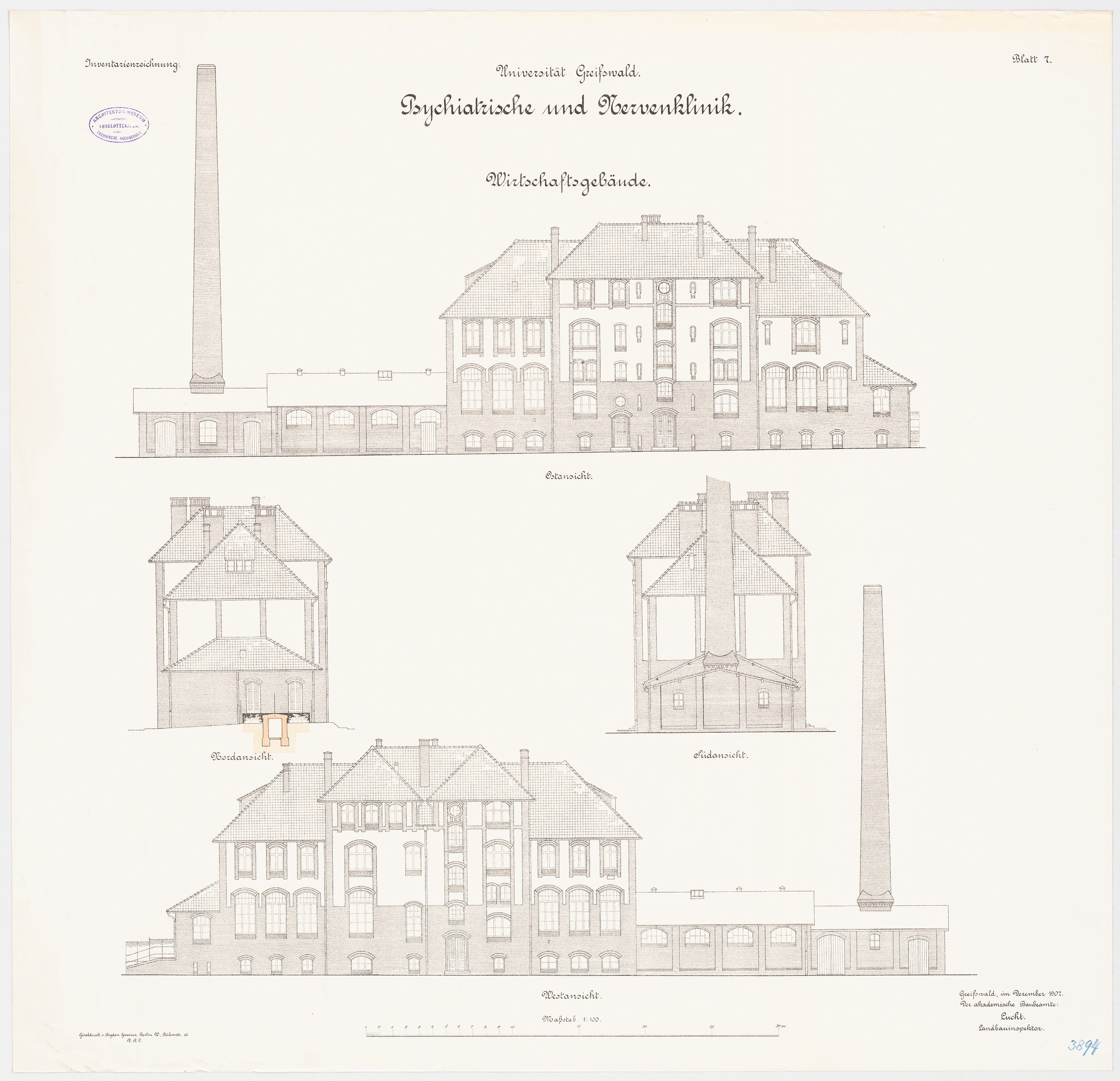 Eine handgezeichnete Skizze eines mehrstöckigen Gebäudes mit zahlreichen Fenstern und einem prominenten Schornstein, das als psychiatrische Klinik in Deutschland identifiziert wird, begleitet von handgeschriebenem Text.