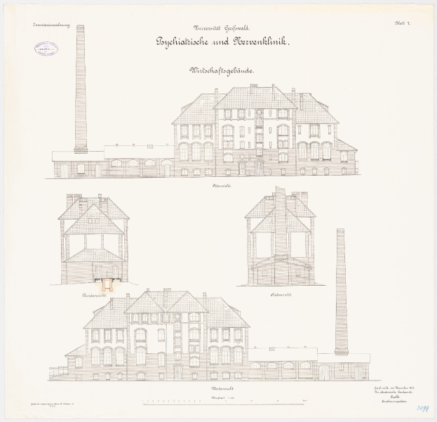 Eine handgezeichnete Skizze eines mehrstöckigen Gebäudes mit zahlreichen Fenstern und einem prominenten Schornstein, das als psychiatrische Klinik in Deutschland identifiziert wird, begleitet von handgeschriebenem Text.
