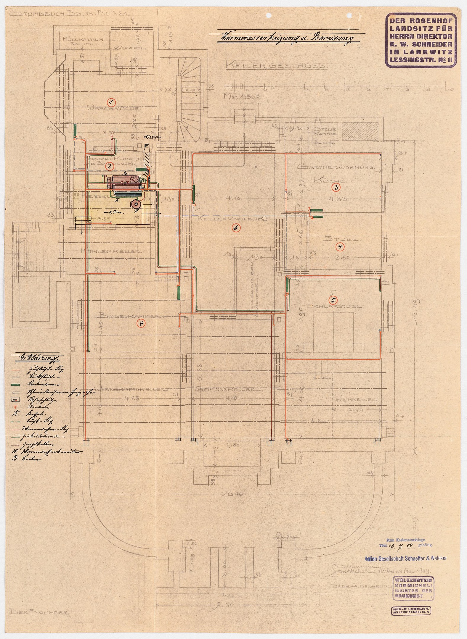 Schwarz-weißes Architekturzeichnung des Rosenhof-Krankenhauses in Hamburg, Deutschland, zeigt detaillierten Aufbau mit zahlreichen Drähten, Zimmern, Fluren und Textanmerkungen auf altem Papier.