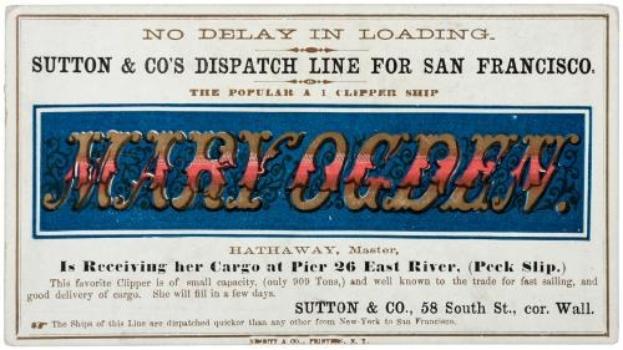 Papier-Versandetikett für Sutton & Co's Dispatch Line nach San Francisco, verbunden mit einer Clipper-Schiff.