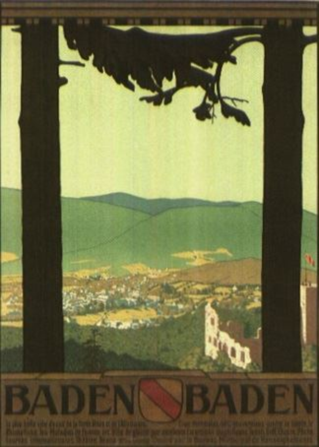 Ein Vogel auf einem Ast mit Gebäuden, Hügeln und einem klaren blauen Himmel im Hintergrund, mit Text, der wahrscheinlich Informationen über Baden-Württemberg, Deutschland, enthält.