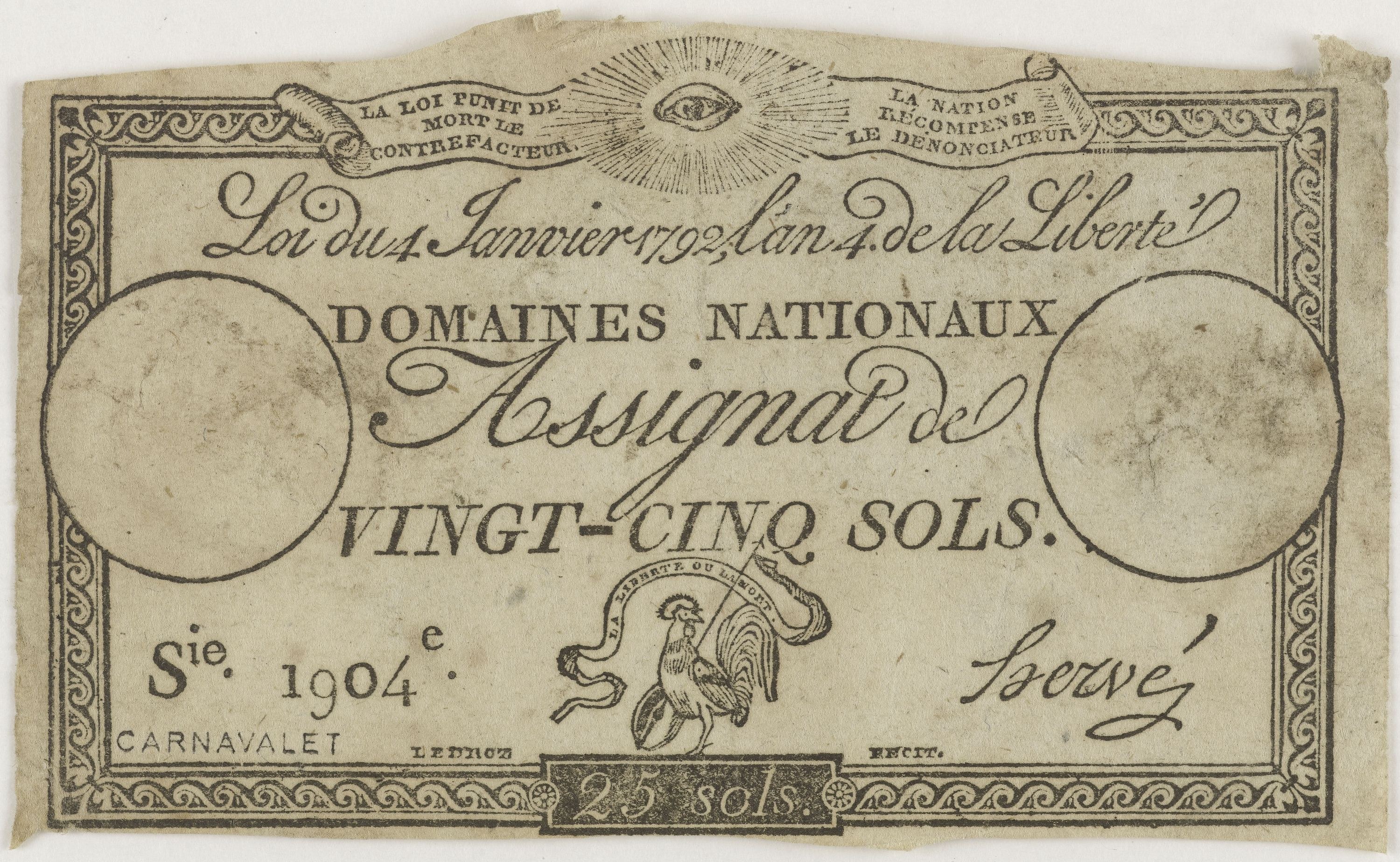 Old French banknote featuring a man's portrait, denomination of "Vingt-Cinq Sols," and text "Domains Nationalaux Assignat."