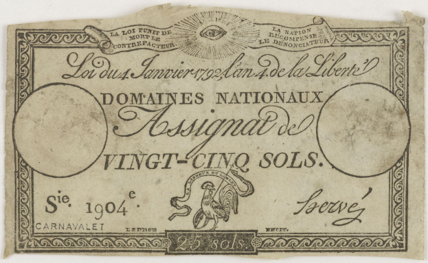 Old French banknote featuring a man's portrait, denomination of "Vingt-Cinq Sols," and text "Domains Nationalaux Assignat."