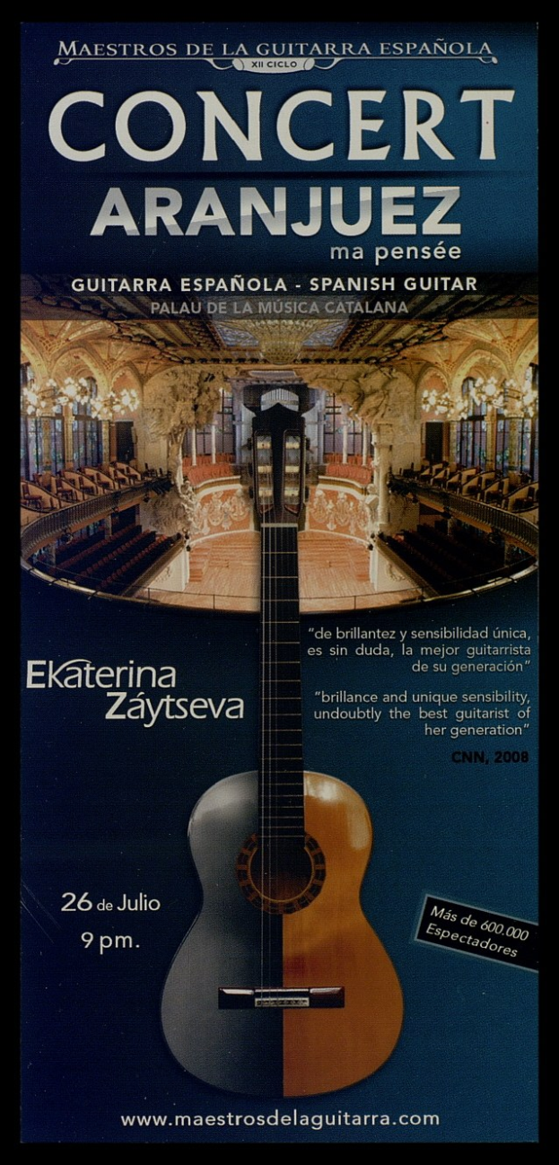Konzertplakat für ein Event in Aranjuez, Spanien, mit einem zentralen Gitarren-Graphik und Text, der Event-Details bereitstellt.
