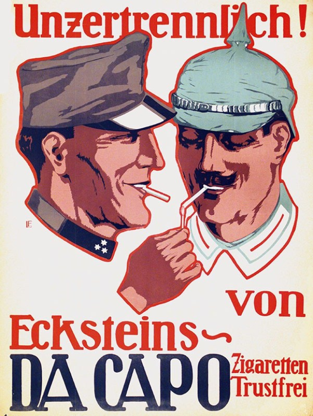 German propaganda poster featuring two men wearing caps and smoking cigarettes with text below them.