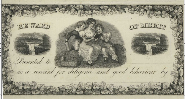 Verdiensturkunde mit einer Illustration eines Mannes und einer Frau auf einer Bank umgeben von einem Korb, Pflanzen, Bäumen und Wasser mit Text darauf.