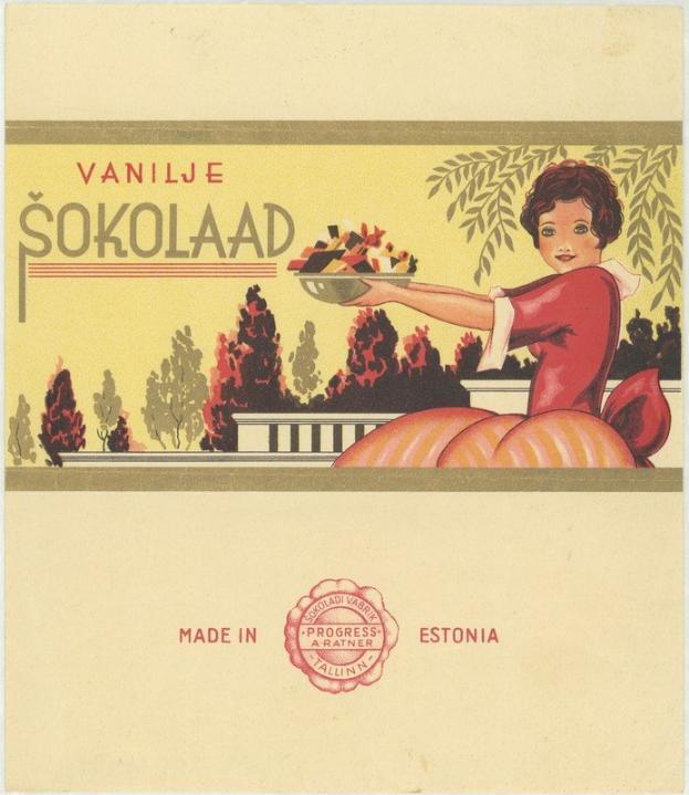 Poster featuring a woman holding a plate of food in a forest setting with text "Vanilje Sokolaad - Made in Estonia" at the bottom.