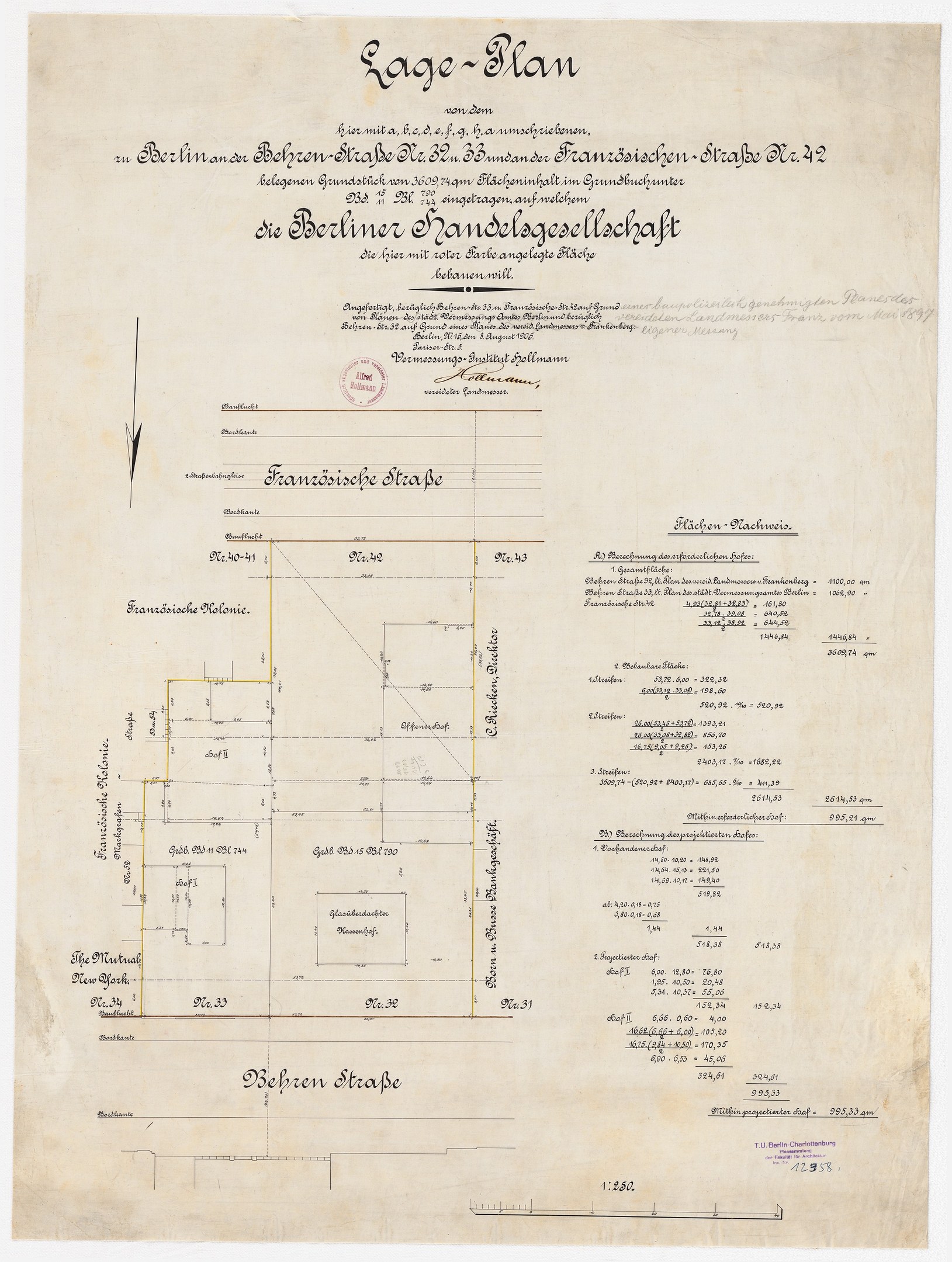 Old document featuring a floor plan of the Berliner Handelagellachaft with handwritten text and a stamp on the left side.