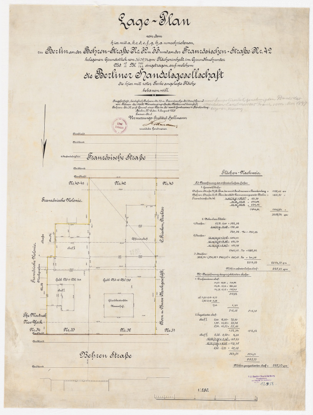 Old document featuring a floor plan of the Berliner Handelagellachaft with handwritten text and a stamp on the left side.