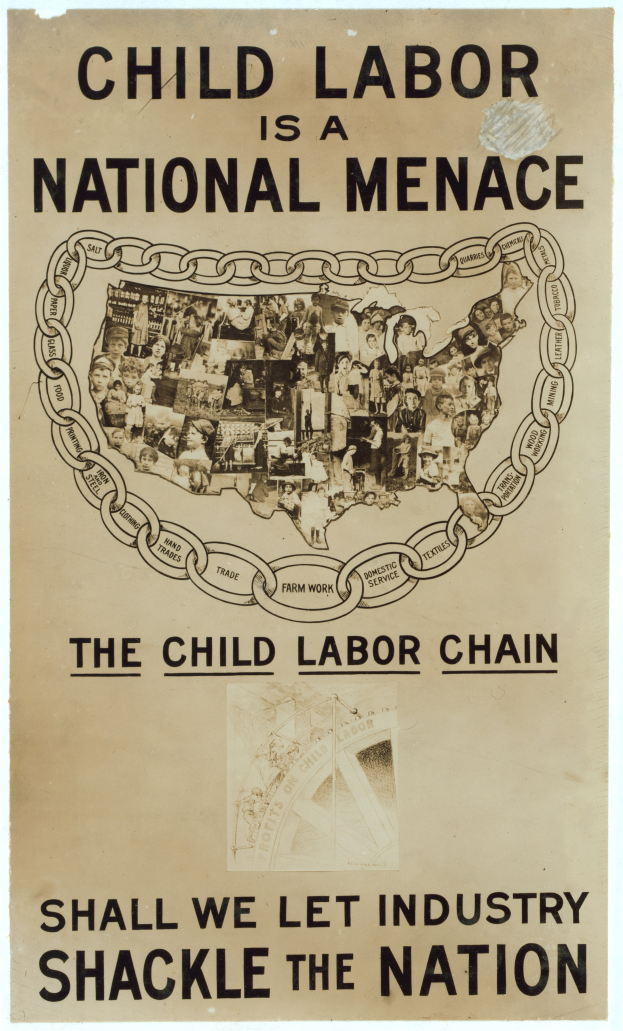 Ein Plakat mit schwarzer Schrift auf weißem Hintergrund zeigt "Kinderaert ist eine nationale Geißel - Sollen wir die Industrie das Land fesseln lassen", mit einer Gruppe verschiedener Menschen, die gemeinsam stehen.