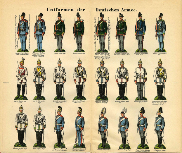 A book displaying brightly colored German Army military uniforms with detailed elements like helmets, rifles, and other weapons, accompanied by descriptive text.