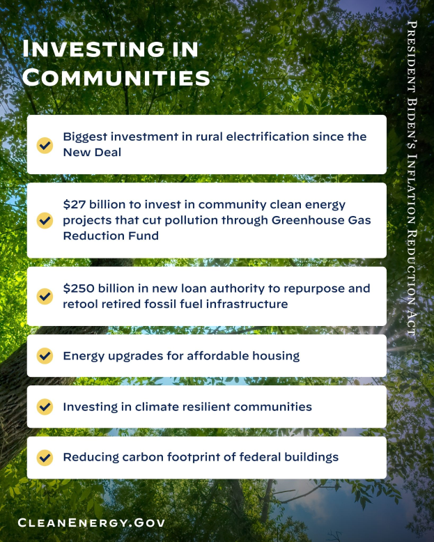 Poster with trees and sky in the background and text reading "Investing in Communities: Biggest Investment in Rural Electricity Since the New Deal".